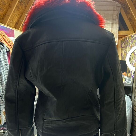 Special one Black leather jacket. With furry hood. Size small. - Picture 3 of 7